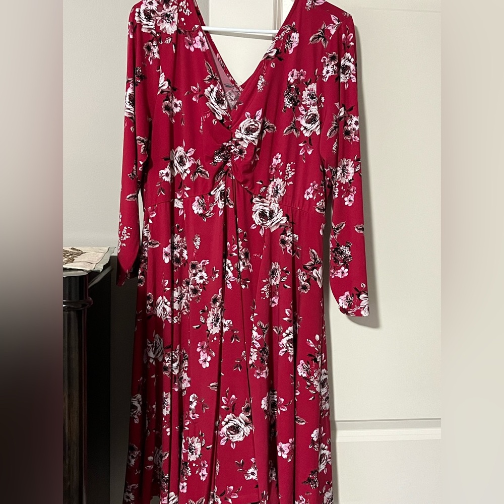 Floral V-Neck Red Dress